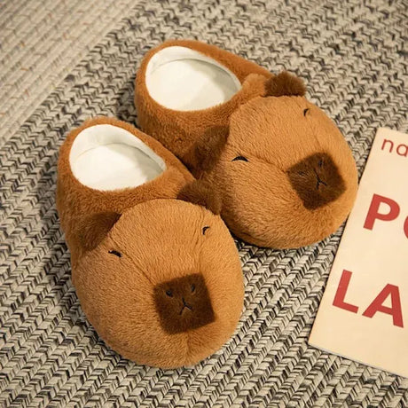 Cartoon Capybara Warm Soft Non-Slip Home Slippers for Women Men, Plush Rubber Sole One Size Fits 35-42, Cute Animal Design for Indoor Comfort
