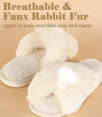 White Cross Strap Fluffy Open Toe Slippers for Women, Memory Foam Cushion Non-Slip Sole, Soft Plush Home Shoes Indoor Outdoor Size M