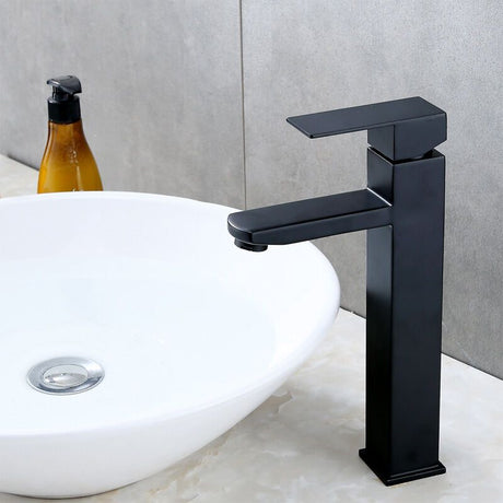 High Spout Single Hole Basin Mixer Faucet, Single Handle Hot and Cold Bathroom Tap with Copper Mixer Body, Black Finish