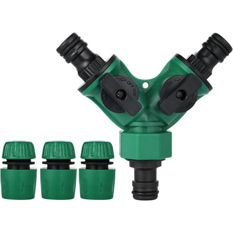 Garden Hose Connector, Garden Hose End, Y Hose Splitter, Garden Hose Tap Adapter, Gardena Connector with 2 Valve Outlets for Garden Tap, Green Finish