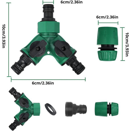 Garden Hose Connector, Garden Hose End, Y Hose Splitter, Garden Hose Tap Adapter, Gardena Connector with 2 Valve Outlets for Garden Tap, Green Finish