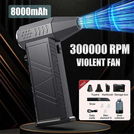 Turbo Jet Fan 300000RPM Powerful Air Blower, Brushless Motor Portable Dust Cleaner for Car Interior, 8000mAh Battery