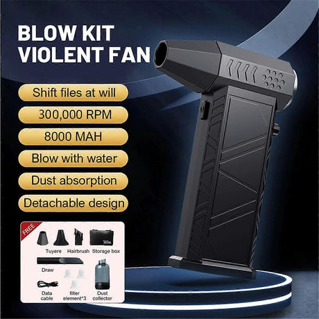 Turbo Jet Fan 300000RPM Powerful Air Blower, Brushless Motor Portable Dust Cleaner for Car Interior, 8000mAh Battery