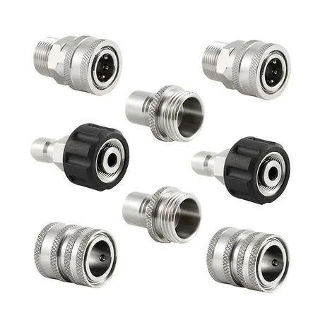 Stainless Steel Pressure Washer Quick Connect Kit, m22 14mm To 3/8in Quick Connect, 3/4in To 1/2in Qu, Stainless Steel + Brass material, Silver Color