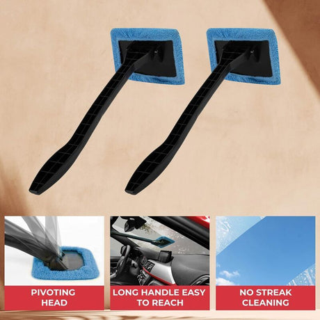 Interior Windshield Cleaner - Long Handle Car Windshield Cleaner Interior Windshield Cleaning Fog Moisture Removal - Pack of 2, Microfiber material
