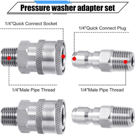 Pressure Washer Coupler Set, 1/4 Inch NPT Stainless Steel Quick Connector Male Female External Thread, Cleaning Use
