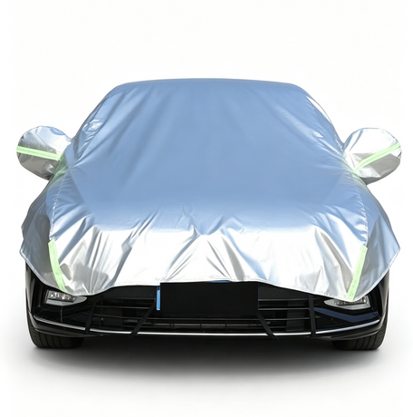 Half Car Cover Sedan with Green Reflective Strip,All Weather Car Body Cover for Sun, Rain, Dust(Fit hatchbacks Length 3.8m to 4.3m)-silver