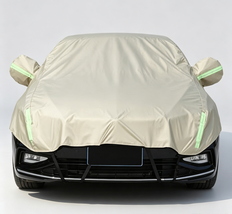 Half Car Cover Sedan with Green Reflective Strip,All Weather Car Body Cover for Sun, Rain, Dust(Fit Sedans, compact SUVs Length 4.3m to 4.5m)-Sand gold