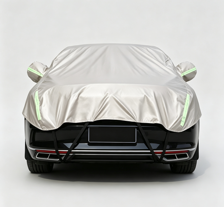Half Car Cover Sedan with Green Reflective Strip,All Weather Car Body Cover for Sun, Rain, Dust(Fit Sedans, compact SUVs Length 4.3m to 4.5m)-Sand gold
