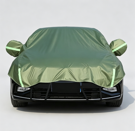Half Car Cover Sedan with Green Reflective Strip,All Weather Car Body Cover for Sun, Rain, Dust(Fit Sedans, compact SUVs Length 4.3m to 4.5m)-green