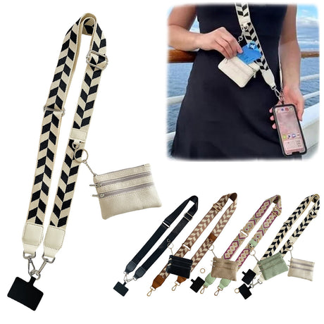 Clip and Go Phone Strap with Zipper Pouch,Crossbody Adjustable Chain Lanyard with PU Leather Wallet for All Phones Beige