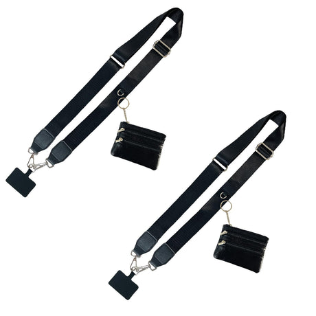 Clip and Go Phone Strap with Zipper Pouch,Crossbody Adjustable Chain Lanyard with PU Leather Wallet for All Phones Black-2pcs