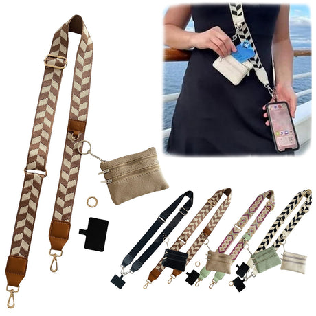 Clip and Go Phone Strap with Zipper Pouch,Crossbody Adjustable Chain Lanyard with PU Leather Wallet for All Phones Brown