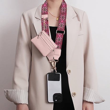 Clip and Go Phone Strap with Zipper Pouch,Crossbody Adjustable Chain Lanyard with PU Leather Wallet for All Phones C