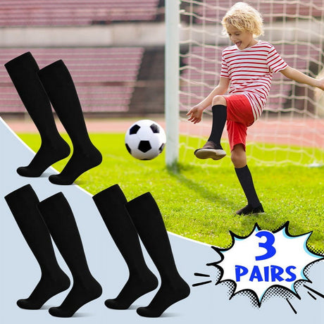 HEQUSIGNS 3 Pairs Kids Soccer Socks,Boys Girls Long Hockey Rugby Socks,Unisex Anti-slip Towel Bottom Football Socks for Children Aged 4-13 to Playing Sports Black