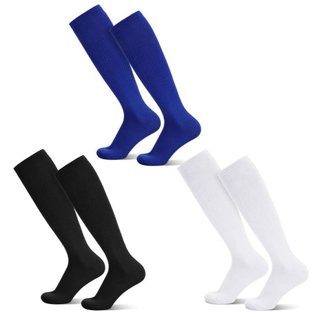 HEQUSIGNS 3 Pairs Kids Soccer Socks,Boys Girls Long Hockey Rugby Socks,Unisex Anti-slip Towel Bottom Football Socks for Children Aged 4-13 to Playing Sports Black+Blue+White
