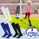 HEQUSIGNS 3 Pairs Kids Soccer Socks,Boys Girls Long Hockey Rugby Socks,Unisex Anti-slip Towel Bottom Football Socks for Children Aged 4-13 to Playing Sports Black+Blue+White