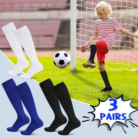 HEQUSIGNS 3 Pairs Kids Soccer Socks,Boys Girls Long Hockey Rugby Socks,Unisex Anti-slip Towel Bottom Football Socks for Children Aged 4-13 to Playing Sports Black+Blue+White