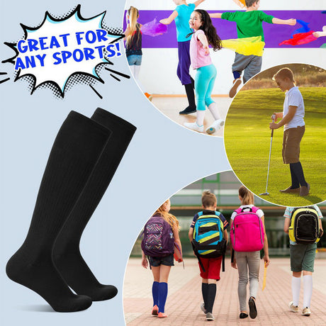 HEQUSIGNS 3 Pairs Kids Soccer Socks,Boys Girls Long Hockey Rugby Socks,Unisex Anti-slip Towel Bottom Football Socks for Children Aged 4-13 to Playing Sports Black+Blue+White