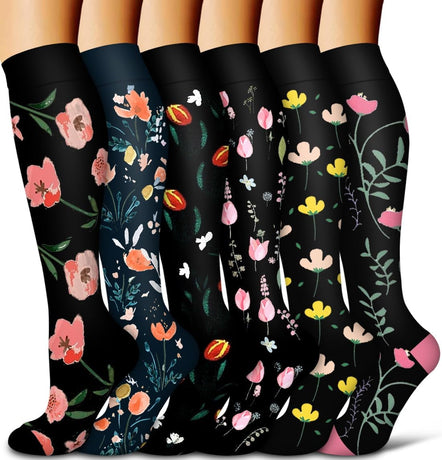 6Pairs Compression Socks for Women and Men - Best for Circulation, Running, Athletic, Recover, Nurse, Travel L/XL 06 Black Flower