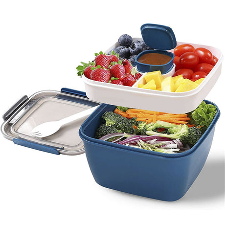 Food Storage, Light Meal Salad Box Japanese Style Double Layer Compartment Lunch Box, Kitchen Supplies , 1Pc Portable Box and Salad Bowl Combo Keep Your Food Fresh and Organized Blue