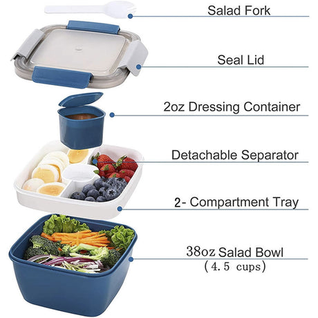 Food Storage, Light Meal Salad Box Japanese Style Double Layer Compartment Lunch Box, Kitchen Supplies , 1Pc Portable Box and Salad Bowl Combo Keep Your Food Fresh and Organized Blue