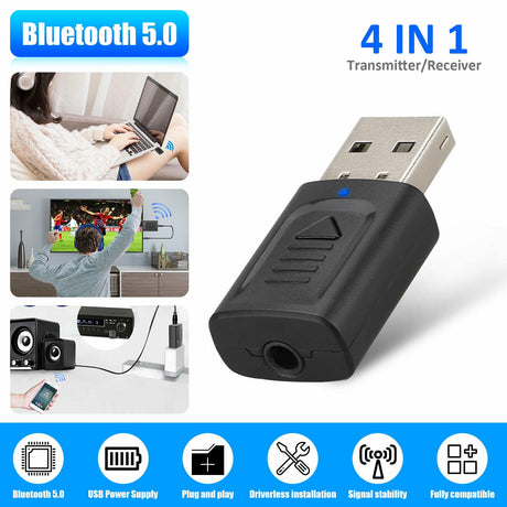 4 IN 1 5.0 Bluetooth Adapter USB Wireless Bluetooth Sender Receiver Music Audio for TV Portable 3.5mm AUX Adaptor