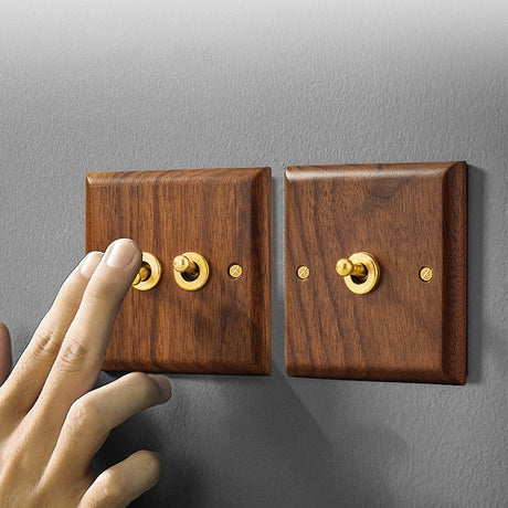 Toggle Light Rocker Switch 1/2 Way Retro Walnut Wood Plate Brass Lever 1 Gang Smile Home 3 Gang