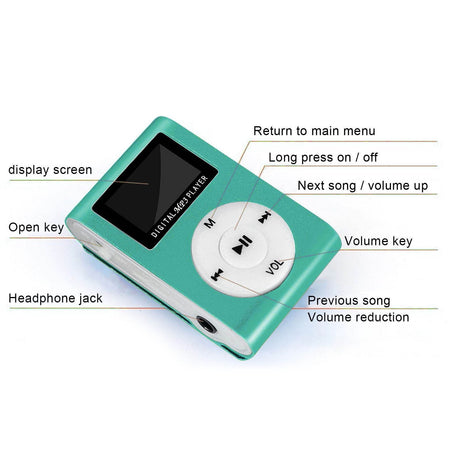 Portable MP3 Player with Clip - Mini USB LCD Screen MP3 Player, Support MP1, MP2, MP3 Music Formats, Built-in Rechargeable Battery,Includes Headphones, for Sports and Outdoor Activities Green