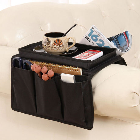 Sofa Armrest Organizer with Cup Holder - TV Remote Holder for Recliner & Couch | Armchair Caddy with Storage Pockets | Holds Cellphone, Tablet, Books, Magazines & Drinks Side Storage Bag(Black) Black