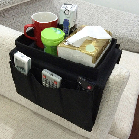 Sofa Armrest Organizer with Cup Holder - TV Remote Holder for Recliner & Couch | Armchair Caddy with Storage Pockets | Holds Cellphone, Tablet, Books, Magazines & Drinks Side Storage Bag(Black) Black