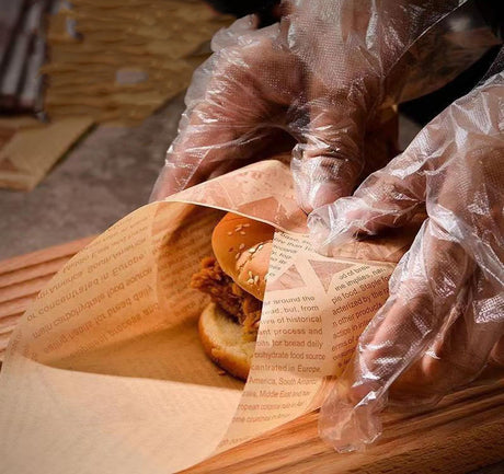 Silicone baking paper wax paper - for cooked food, 100 sheets square kraft paper for absorbing oil, newspaper for sandwich and food baskets, suitable for cakes, bread, fries, pizza, hamburgers, hot dogs