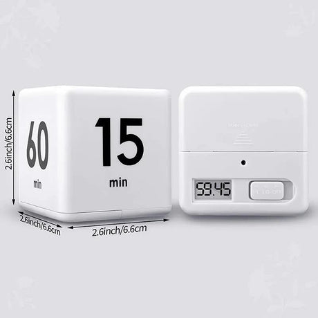 Flip Cube kitchen timer/countdown reminder with a gravity sensor, suitable for kitchens, bedrooms, offices, living rooms, and desks. It facilitates time management and offers timer options of 15, 20, 30, and 60 minutes.