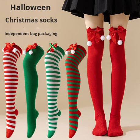 Christmas Socks Women - Overknee Socks - Christmas Knee Socks - Striped Socks - Elf Costume - Santa Claus - Stockings with Bow - Thigh High Stockings - Fancy Dress - Christmas Outfit - Holidays - Long Socks - Christmas Accessories - Multicolor - 5 Pairs