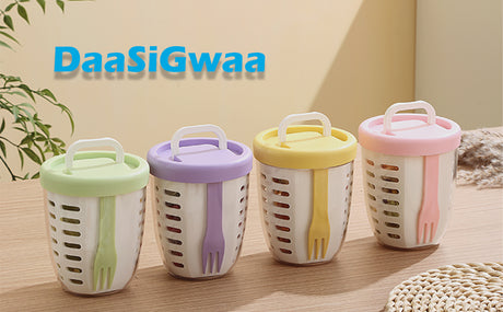 Fruit bowl to go - Lunch cup with fork - Yogurt cup - Salad cup - Storage container with colander - Snack box - School cup - Fruit pot - Take-away cup - On the road - Picnic - Kitchen accessories - Yellow - 1 piece