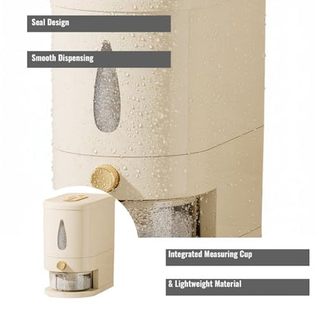 Rice container - Organizer - Storage box - Rice bin - Rice storage - Grain storage - Storage cabinet - Rice organizer - Kitchen dispenser - With measuring cup - White - 1 piece