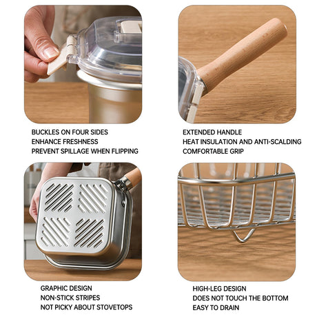 Induction Saucepan - Mini Deep Fryer - Milk Pan - Square Cooking Pot - Stainless Steel - With Frying Basket - Steaming Rack - Tongs - Glass Lid - Wooden Handle - Ramen Pan - Soup Pot - Camping Pan - 4 in 1 - Kitchen Utensils - Compact - Silver - White - 1