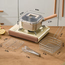 Induction Saucepan - Mini Deep Fryer - Milk Pan - Square Cooking Pot - Stainless Steel - With Frying Basket - Steaming Rack - Tongs - Glass Lid - Wooden Handle - Ramen Pan - Soup Pot - Camping Pan - 4 in 1 - Kitchen Utensils - Compact - Silver - White - 1