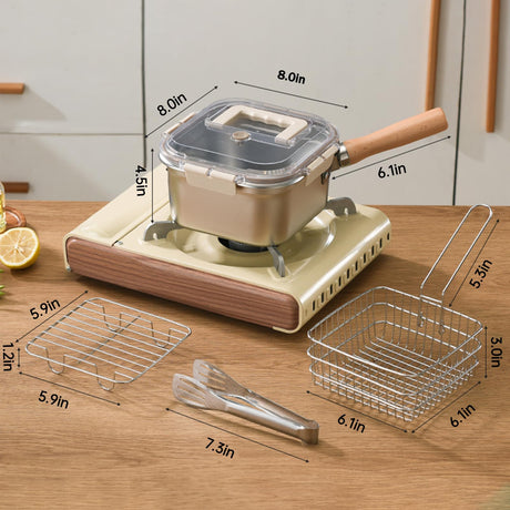 Induction Saucepan - Mini Deep Fryer - Milk Pan - Square Cooking Pot - Stainless Steel - With Frying Basket - Steaming Rack - Tongs - Glass Lid - Wooden Handle - Ramen Pan - Soup Pot - Camping Pan - 4 in 1 - Kitchen Utensils - Compact - Silver - White - 1