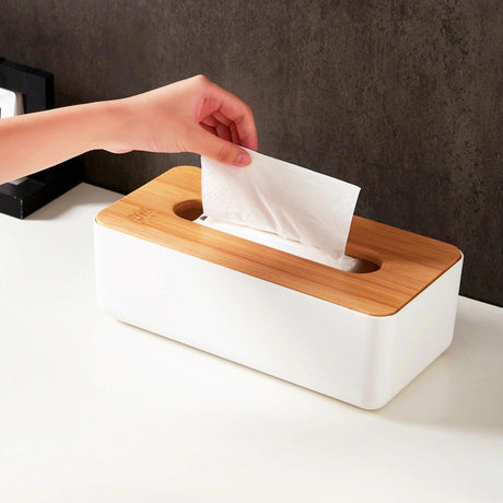 Tissue Box - Tissue Box - Tissue Holder - Tissue Box - Bamboo Lid - White - Tissue Holder - Bathroom Accessories - Toilet Organizer - Living Room Decoration - Rectangular - 1 piece