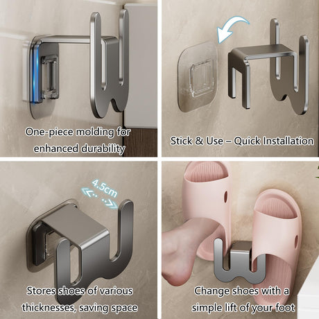Shoe Rack - Slippers Holder - Bathroom Accessories - Shoe Storage - Wall Hook - Self-Adhesive - Shoe Hanging System - Bathroom Organizer - Hallway Accessories - No Drilling - Black - 2 pieces