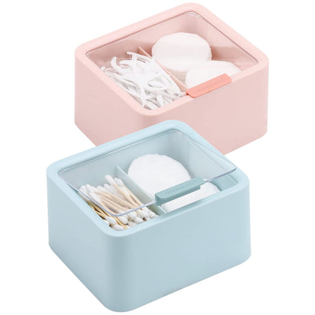 Cotton swab holder - Cotton pad holder - Bathroom organizer - Makeup organizer - Jewelry box - Storage box with lid - Dispenser - Bathroom accessories - Toiletries - Storage - Blue - Pink - 2 pieces
