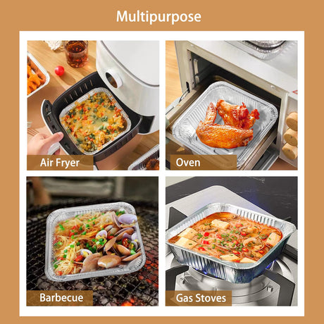 Aluminum Trays - Square Oven Dishes - Air Fryer Trays - Aluminum Bowls - Disposable Trays - BBQ Trays - Grill Accessories - Lasagna Dishes - Small Baking Pans - Heat Resistant - Food Containers - Catering - Greaseproof - Sturdy - Silver - 50 Pieces