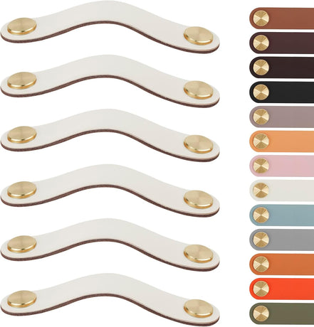 Leather Handles - Furniture Handles - Kitchen Handles - Door Handles - Cabinet Handles - Drawer Knobs - Furniture Hardware - Kitchen Hardware - Handles - Leather - Leather - Kitchen Renovation - Scandinavian - Brass - Pitch 128mm - Handles - Ivory - Set o