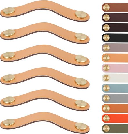 Leather Handles - Furniture Handles - Kitchen Handles - Door Handles - Cabinet Handles - Drawer Knobs - Furniture Hardware - Kitchen Hardware - Handles - Leather - Leather - Kitchen Renovation - Scandinavian - Brass - Pitch 128mm - Handles - Beige - Set o