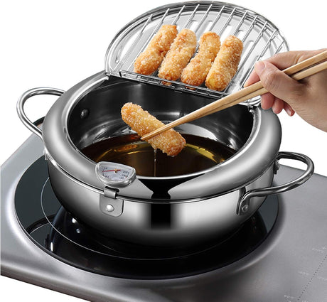 Deep fryer - Tempura pan - 20 cm - Stainless steel pan - Kitchen accessories - Japanese deep fryer - Induction deep fryer - Deep fryer - Cooking pot - Stainless steel pan - Small deep fryer - Kitchen utensils - Household - Silver - 1 piece