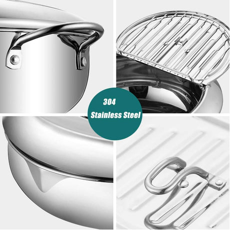 Deep fryer - Tempura pan - 24 cm - Stainless steel pan - Kitchen accessories - Japanese deep fryer - Induction deep fryer - Deep fryer - Cooking pot - Stainless steel pan - Large deep fryer - Kitchen utensils - Household - Silver - 1 piece