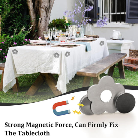Tablecloth clips - Tablecloth weights - Magnetic clips - Tablecloth holder - Garden accessories - Picnic accessories - Windstopper tablecloth - Table accessories - Outdoor dining - Magnetic weight - Flower design - Silver - 8 pieces