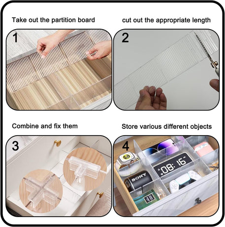 Drawer dividers with clips - Drawer organizer - Storage system - Adjustable drawer divider - Desk organizer - Kitchen drawer organizer - Make-up organizer - Drawer division - Sock organizer - Underwear organizer - Storage box drawer - 2mm - Transparent -