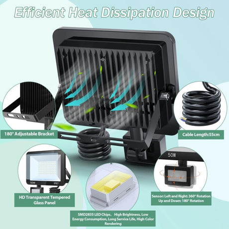 50W LED Floodlight with Motion Sensor IP67 Waterproof 5000LM 7000K Cool White